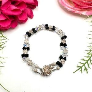 NEW⚜️Sterling Silver Rose & Aurora Borealis Crystal Beaded Bracelet
